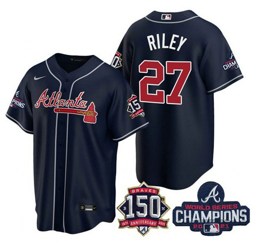 Atlanta Braves #27 Austin Riley 2021 Navy World Series Champions With 150th Anniversary Patch Cool Base Stitched Jersey