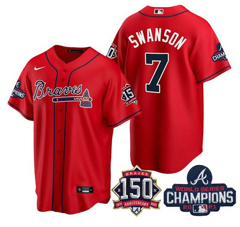 Atlanta Braves #7 Dansby Swanson 2021 Red World Series Champions With 150th Anniversary Patch Cool Base Stitched Jersey
