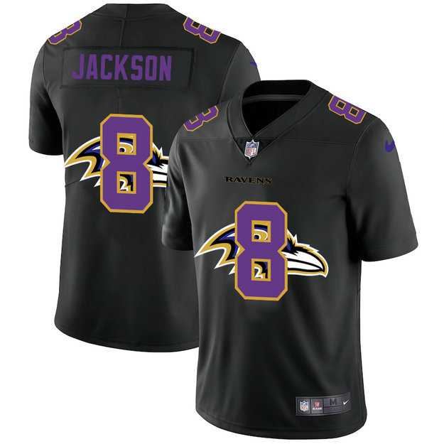 Baltimore Ravens #8 Lamar Jackson Men's Nike Team Logo Dual Overlap Limited NFL Jersey Black