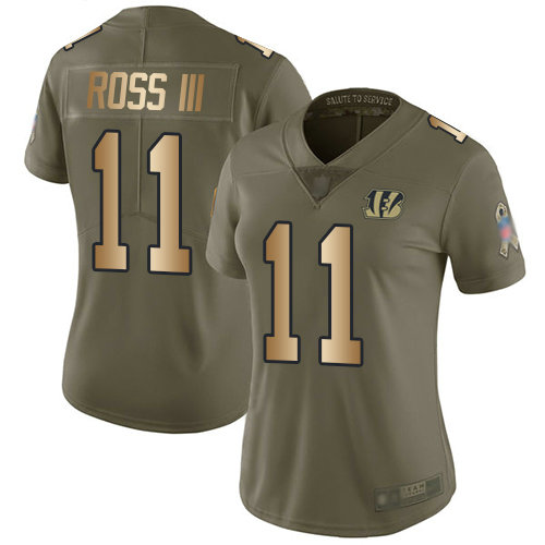 Bengals #11 John Ross III Olive Gold Women's Stitched Football Limited 2017 Salute to Service Jersey