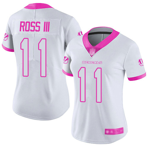 Bengals #11 John Ross III White Pink Women's Stitched Football Limited Rush Fashion Jersey