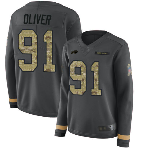 Bills #91 Ed Oliver Anthracite Salute to Service Women's Stitched Football Limited Therma Long Sleeve Jersey
