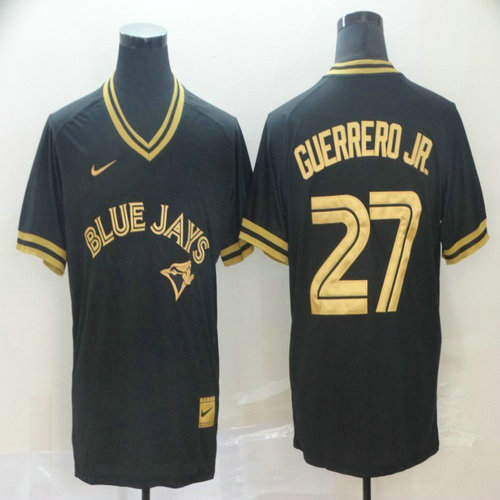 Blue Jays 27 Vladimir Guerrero Jr. Black Gold Nike Cooperstown Collection Legend V Neck Jersey