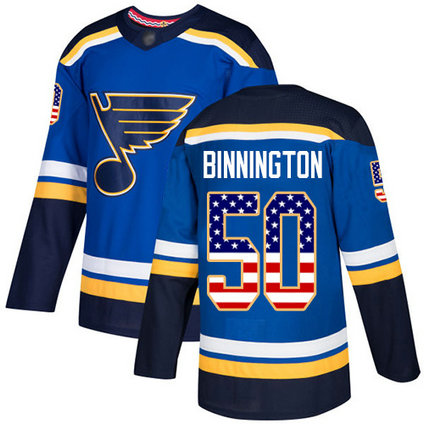 Blues #50 Jordan Binnington Blue Home Authentic USA Flag Stitched Youth Hockey Jersey