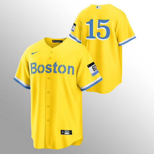 Boston Red Sox #15 Dustin Pedroia Men's Nike 2021 City Connect Gold Fans Version MLB Jersey - No Name