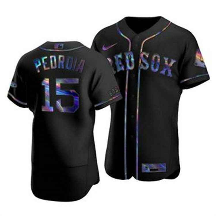 Boston Red Sox #15 Dustin Pedroia Men's Nike Iridescent Holographic Collection MLB Jersey - Black