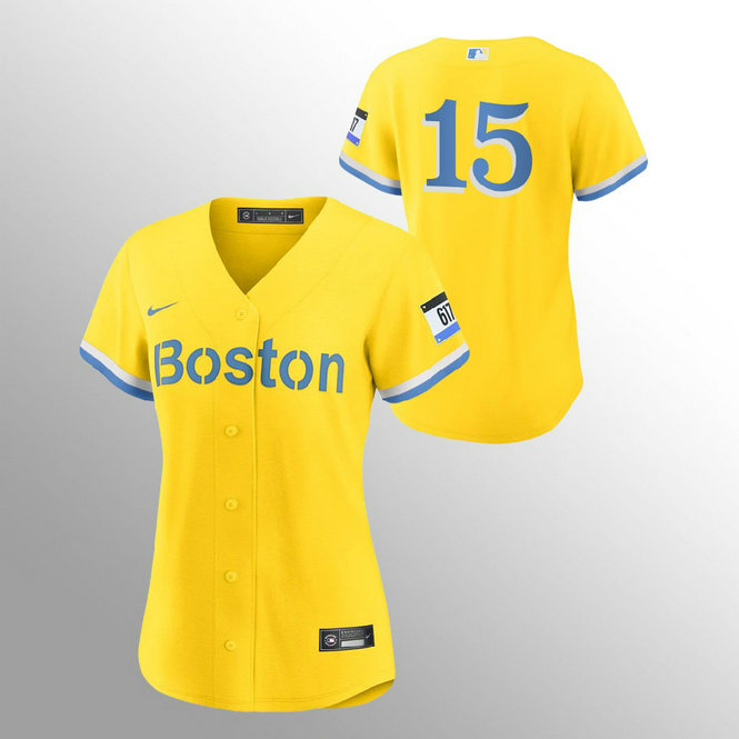 Boston Red Sox #15 Dustin Pedroia Women's Nike 2021 City Connect Gold Fans Version MLB Jersey - No Name