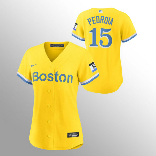 Boston Red Sox #15 Dustin Pedroia Women's Nike 2021 City Connect Gold Fans Version MLB Jersey