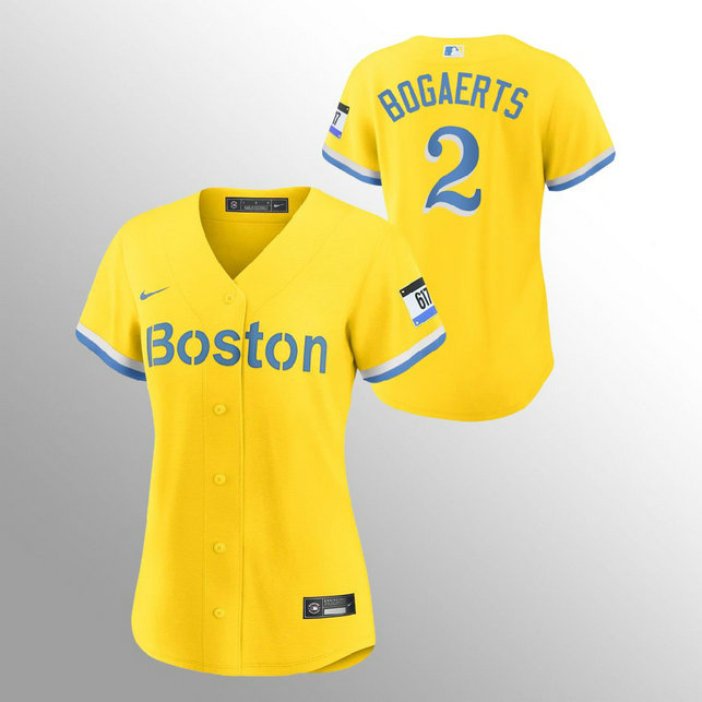 Boston Red Sox #2 Xander Bogaerts Women's Nike 2021 City Connect Gold MLB Jersey