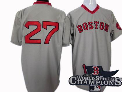 Boston Red Sox #27 Carlton Fisk 1975 mitchell&ness Road jersey gray 2013 World Series Champions ptach