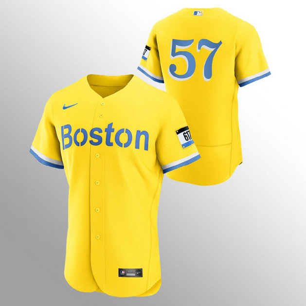 Boston Red Sox #57 Eduardo Rodriguez Men's Nike 2021 City Connect Gold Authentic MLB Jersey - No Name