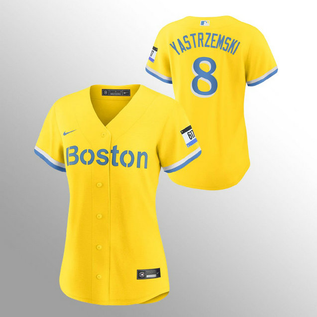 Boston Red Sox #8 Carl Yastrzemski Women's Nike 2021 City Connect Gold Fans Version MLB Jersey