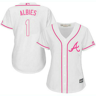 Braves #1 Ozzie Albies White Pink Fashion Women's Stitched Baseball Jersey