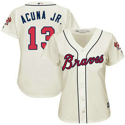 Braves #13 Ronald Acuna Jr. Cream Alternate Women's Stitched Baseball Jersey