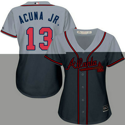 Braves #13 Ronald Acuna Jr. Grey Road Women's Stitched Baseball Jersey