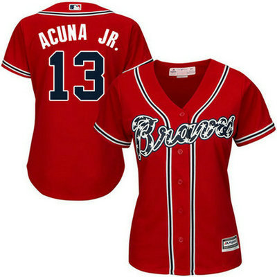 Braves #13 Ronald Acuna Jr. Red Alternate Women's Stitched Baseball Jersey