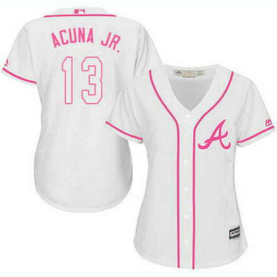 Braves #13 Ronald Acuna Jr. White Pink Fashion Women's Stitched Baseball Jersey