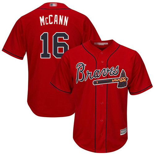 Braves #16 Brian McCann Red Cool Base Stitched Youth Baseball Jersey