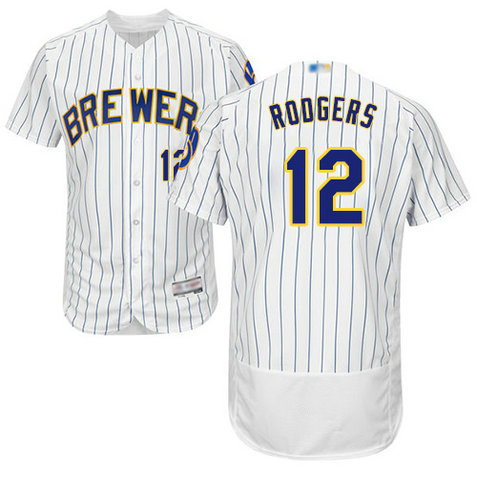 Brewers #12 Aaron Rodgers White Strip Flexbase Authentic Collection Stitched Baseball Jersey