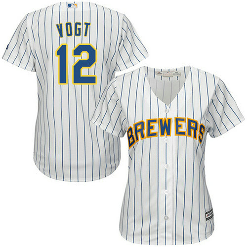 Brewers #12 Stephen Vogt White Strip Home Women's Stitched MLB Jersey_1