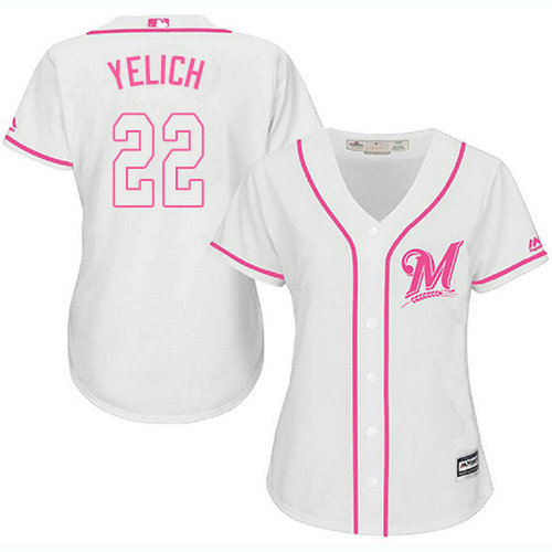Brewers #22 Christian Yelich White Pink Fashion Women's Stitched MLB Jersey_1