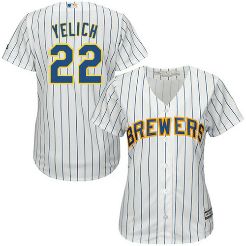 Brewers #22 Christian Yelich White Strip Home Women's Stitched MLB Jersey_1
