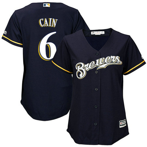 Brewers #6 Lorenzo Cain Navy Blue Alternate Women's Stitched MLB Jersey_1