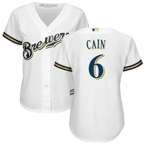 Brewers #6 Lorenzo Cain White Home Women's Stitched MLB Jersey_1