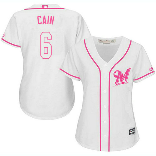 Brewers #6 Lorenzo Cain White Pink Fashion Women's Stitched MLB Jersey_1