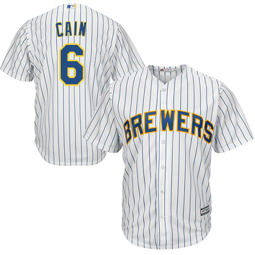 Brewers #6 Lorenzo Cain White Strip Cool Base Stitched Youth MLB Jersey
