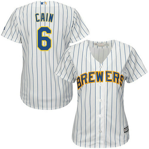 Brewers #6 Lorenzo Cain White Strip Home Women's Stitched MLB Jersey_1