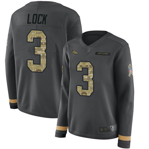 Broncos #3 Drew Lock Anthracite Salute to Service Women's Stitched Football Limited Therma Long Sleeve Jersey