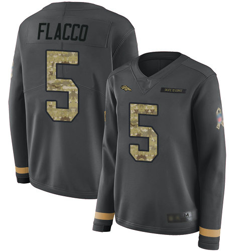 Broncos #5 Joe Flacco Anthracite Salute to Service Women's Stitched Football Limited Therma Long Sleeve Jersey