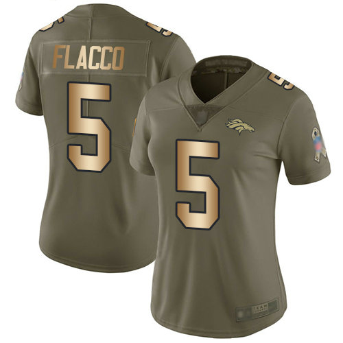 Broncos #5 Joe Flacco Olive Gold Women's Stitched Football Limited 2017 Salute to Service Jersey