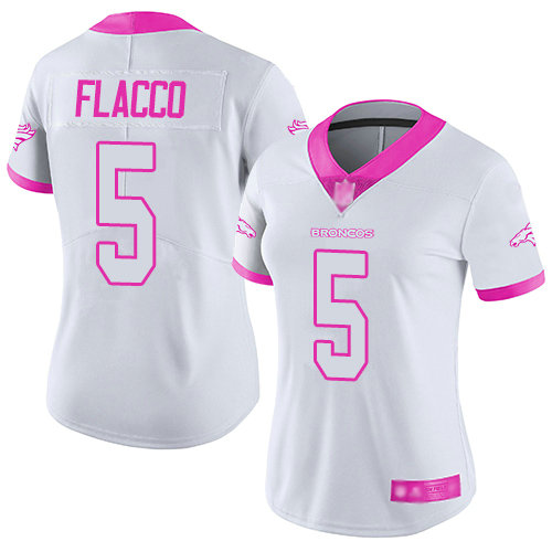 Broncos #5 Joe Flacco White Pink Women's Stitched Football Limited Rush Fashion Jersey