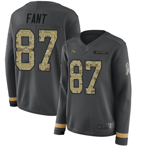 Broncos #87 Noah Fant Anthracite Salute to Service Women's Stitched Football Limited Therma Long Sleeve Jersey