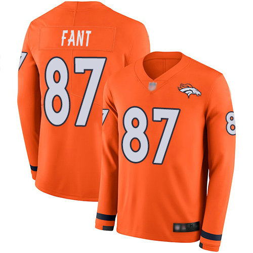 Broncos #87 Noah Fant Orange Team Color Men's Stitched Football Limited Therma Long Sleeve Jersey
