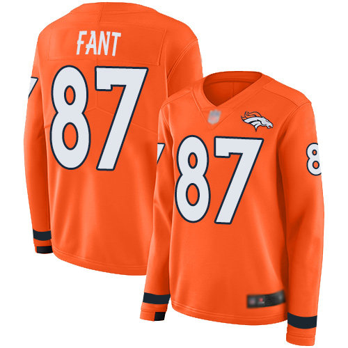 Broncos #87 Noah Fant Orange Team Color Women's Stitched Football Limited Therma Long Sleeve Jersey