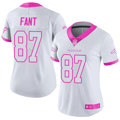 Broncos #87 Noah Fant White Pink Women's Stitched Football Limited Rush Fashion Jersey
