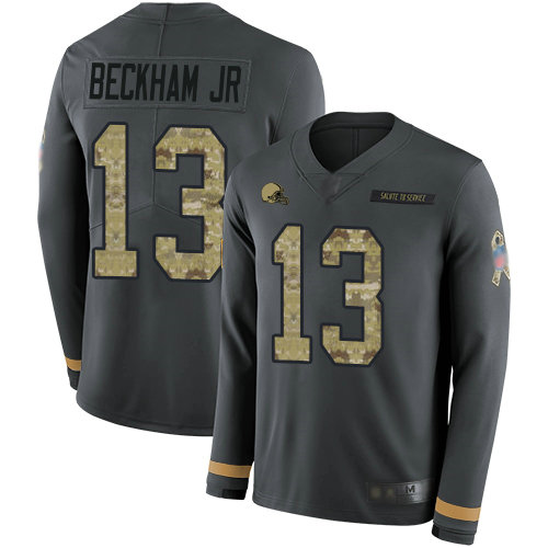 Browns #13 Odell Beckham Jr Anthracite Salute to Service Men's Stitched Football Limited Therma Long Sleeve Jersey