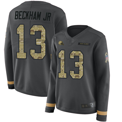 Browns #13 Odell Beckham Jr Anthracite Salute to Service Women's Stitched Football Limited Therma Long Sleeve Jersey