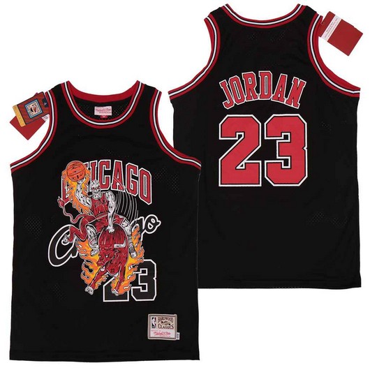 Bulls 23 Michael Jordan Black Hardwood Classics Skull Edition Jersey