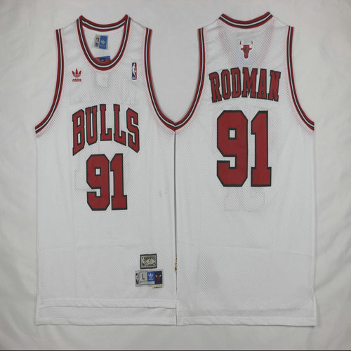 Bulls 91 Dennis Rodman White Mesh Hardwood Classics Jersey