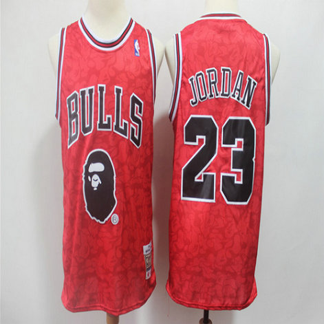 Bulls Bape 23 Michael Jordan Red Hardwood Classics Jersey