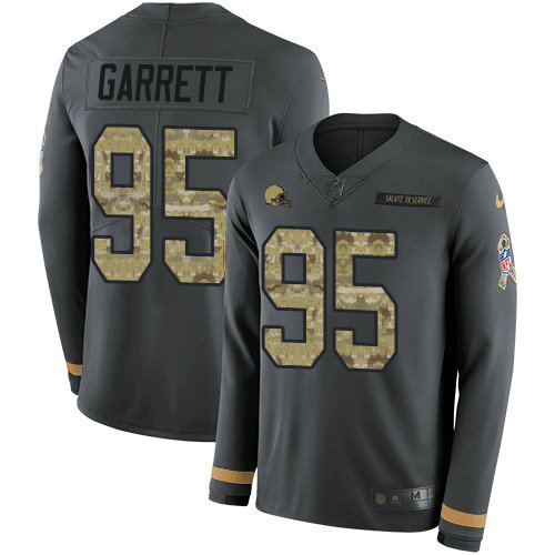 CNike Browns #95 Myles Garrett Anthracite Salute to Service Men's Stitched NFL Limited Therma Long Sleeve Jersey