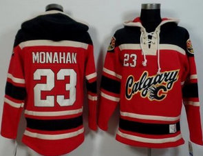 Calgary Flames 23 Sean Monahan Red Black Sawyer Hooded Sweatshirt NHL Jersey