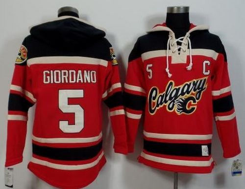 Calgary Flames 5 Mark Giordano Red Black Sawyer Hooded Sweatshirt NHL Jersey