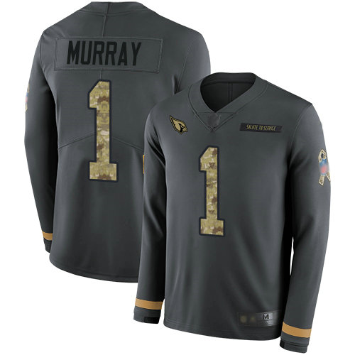 Cardinals #1 Kyler Murray Anthracite Salute to Service Youth Stitched Football Limited Therma Long Sleeve Jersey