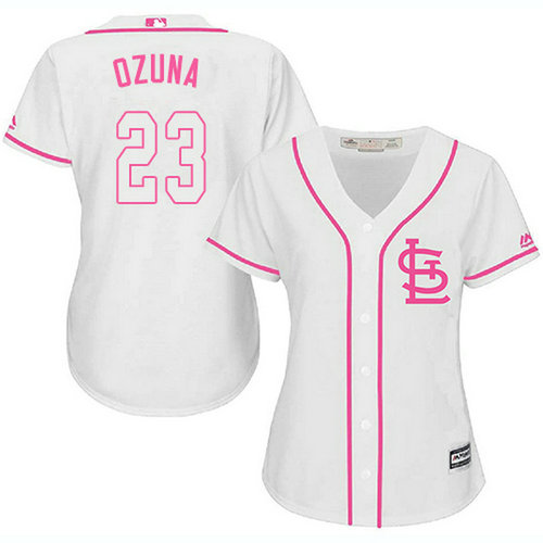 Cardinals #23 Marcell Ozuna White Pink Fashion Women's Stitched MLB Jersey_1