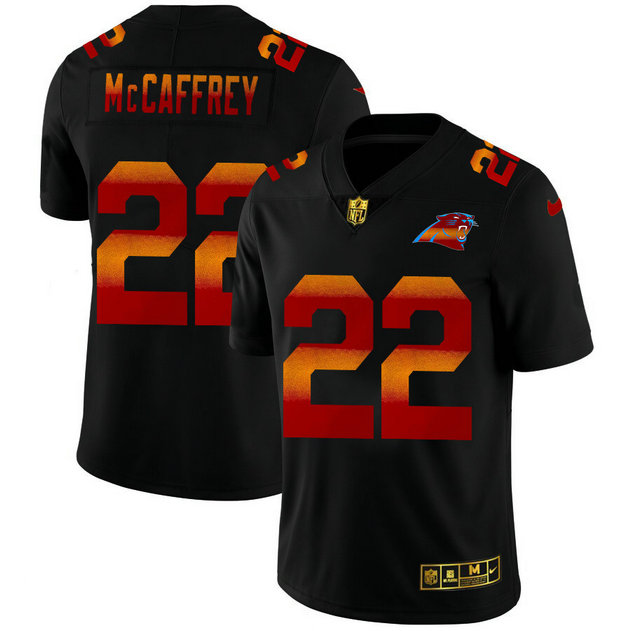 Carolina Panthers #22 Christian McCaffrey Men's Black Nike Red Orange Stripe Vapor Limited NFL Jersey